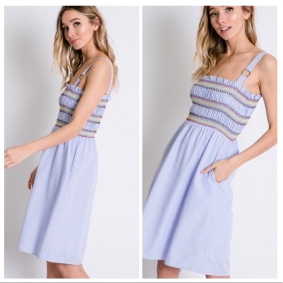 Baby Blue Smocked Striped Midi Dress - Picture 3 of 4